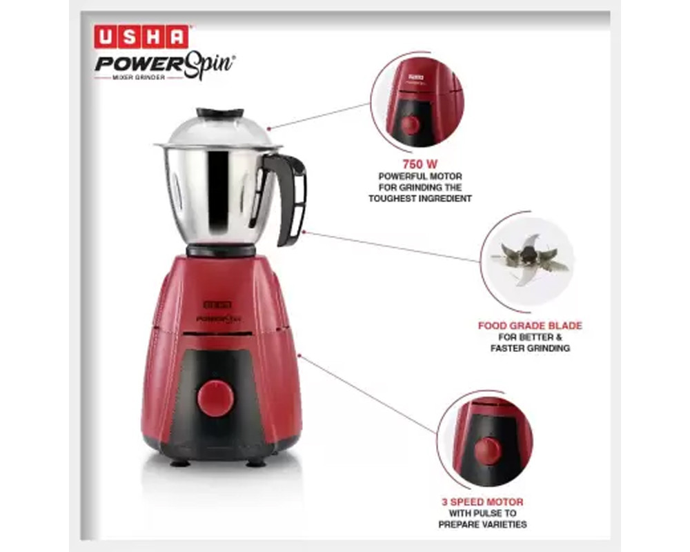 USHA MG M13 750 W Mixer Grinder -(3 Jars, Maroon & Black)