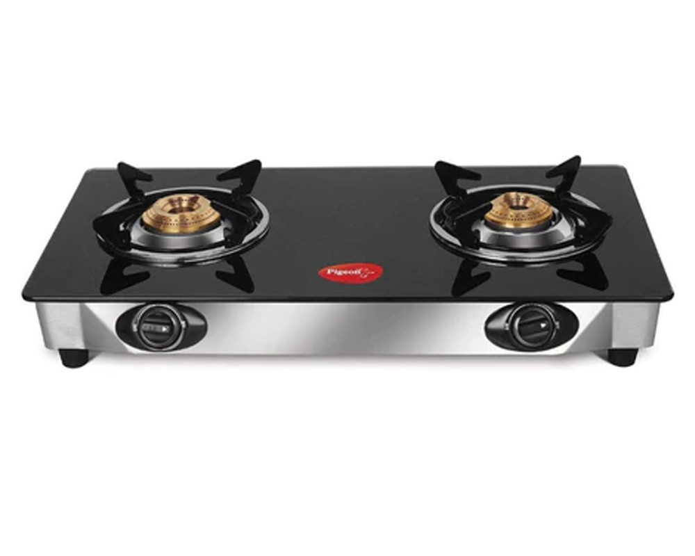 Pigeon Ayush 2 Burner Toughened Glass Top Gas Stove | Manual | Black